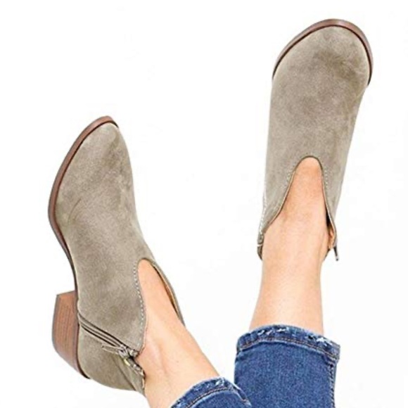 Qupid Shoes - Boots Booties Neutral Gray Tan Soft Faux Suede Slip On Shoes Side Zip Size 8